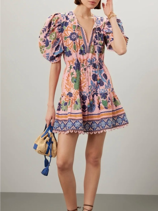 FARM Rio Dresses & Skirts - FARM Rio Pink Floral Puff-Sleeve Mini Dress